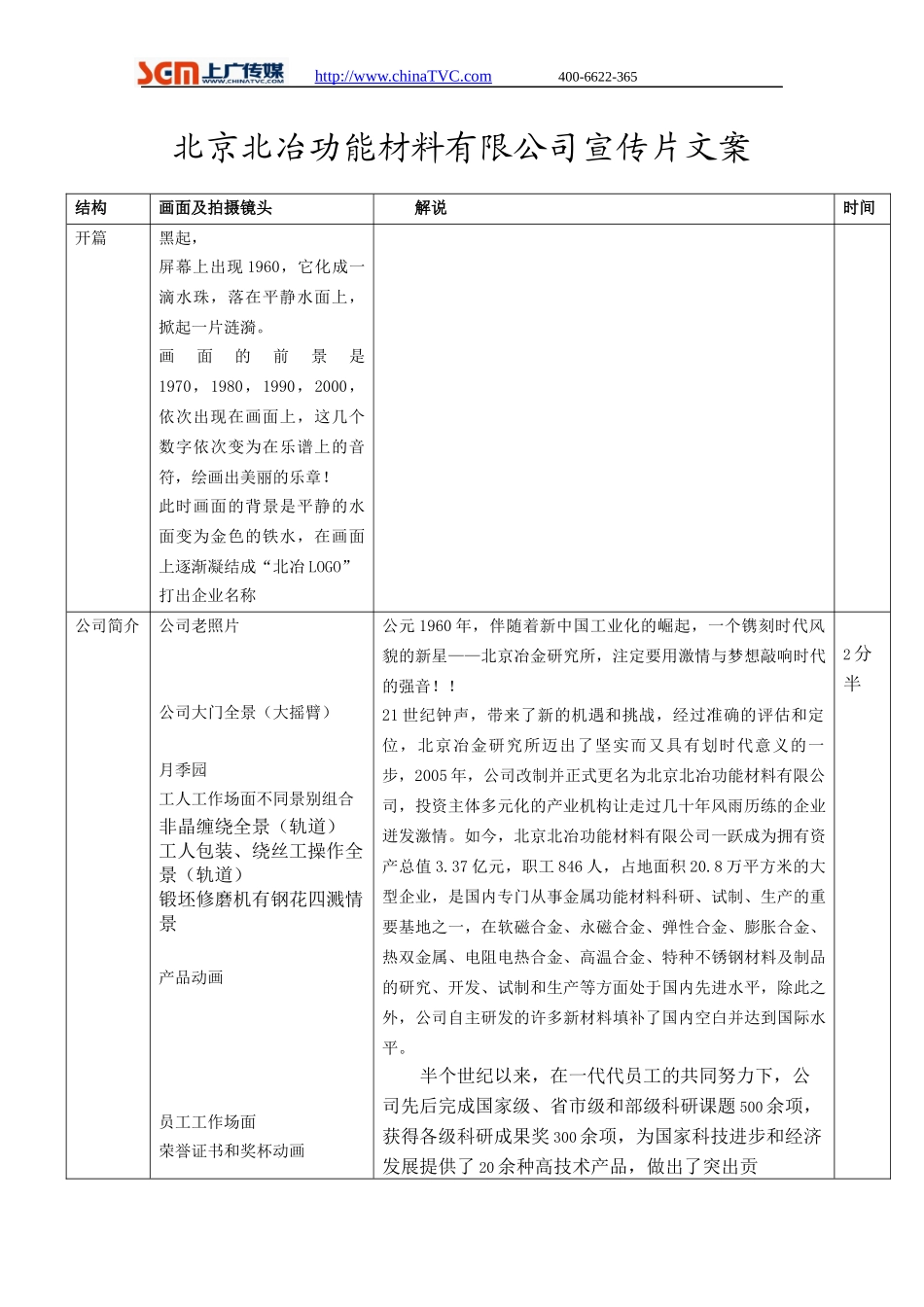 北京北冶功能材料有限公司宣传片创意文案及解说词_第1页