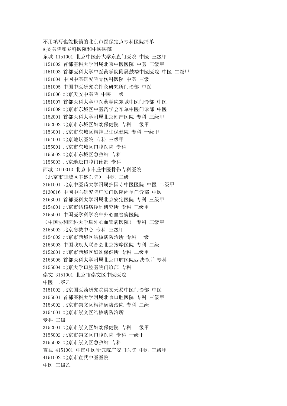 不用填写也能报销的北京市医保定点专科医院清单_第1页