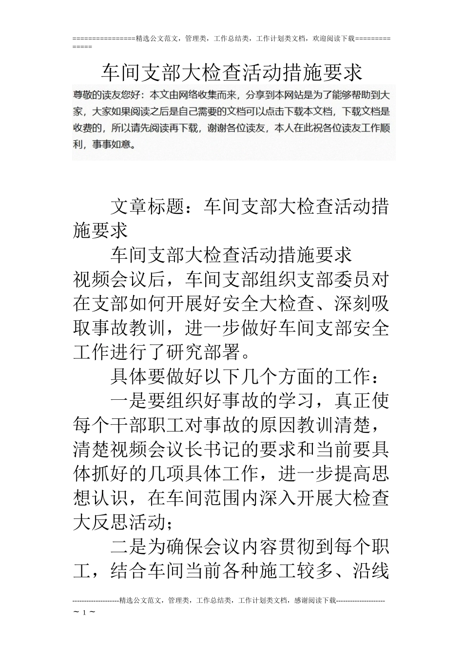 车间支部大检查活动措施要求_第1页