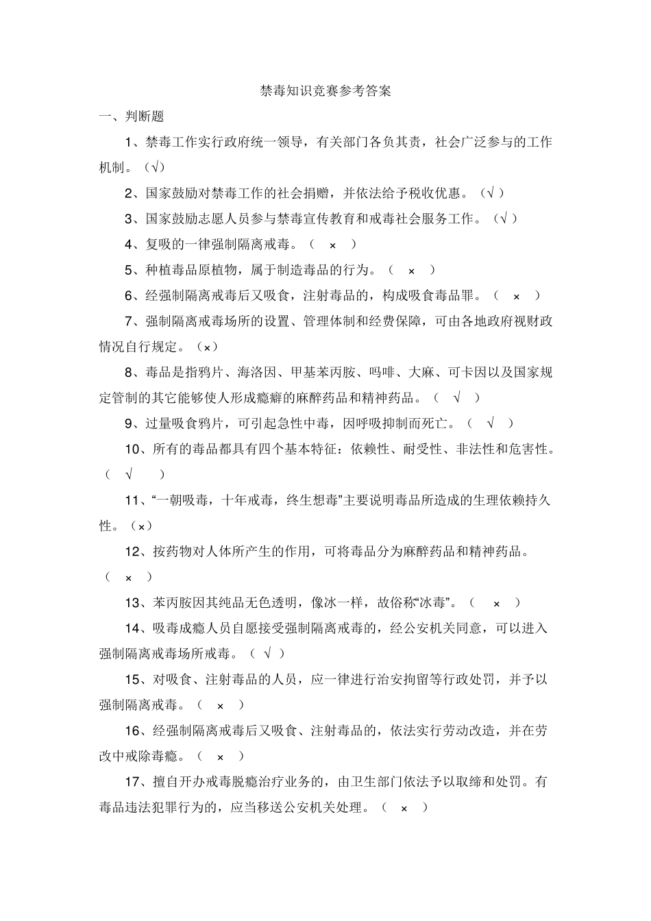 禁毒知识竞赛参考答案_第1页