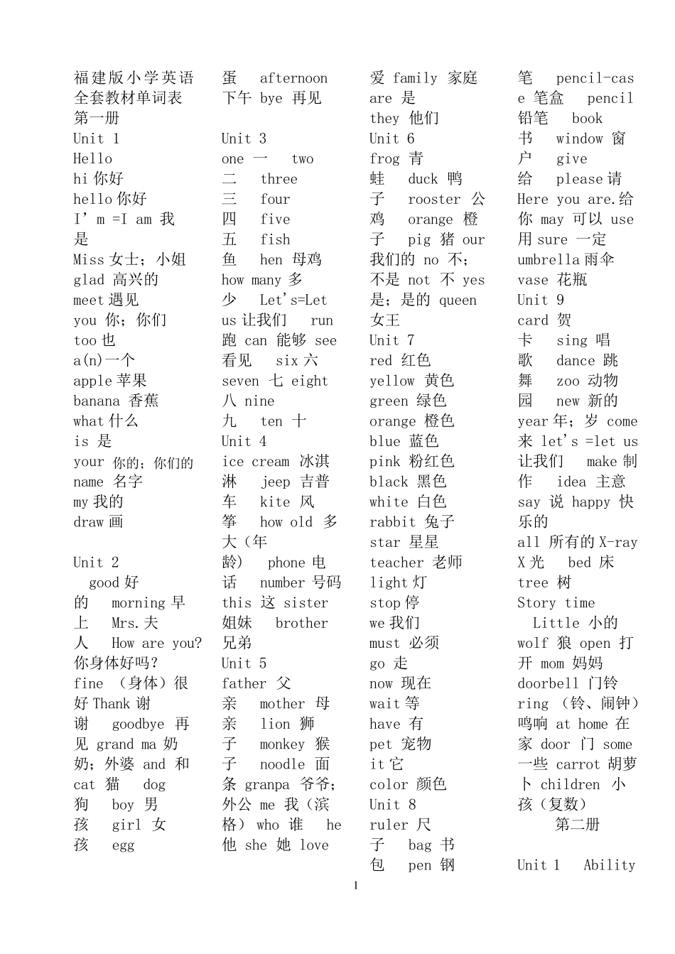 福建版小学英语教材单词表_第1页