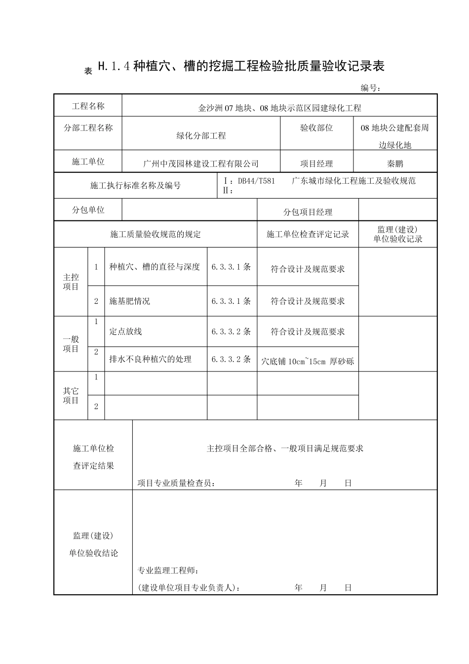 种植穴、槽的挖掘工程检验批质量验收记录表_第1页
