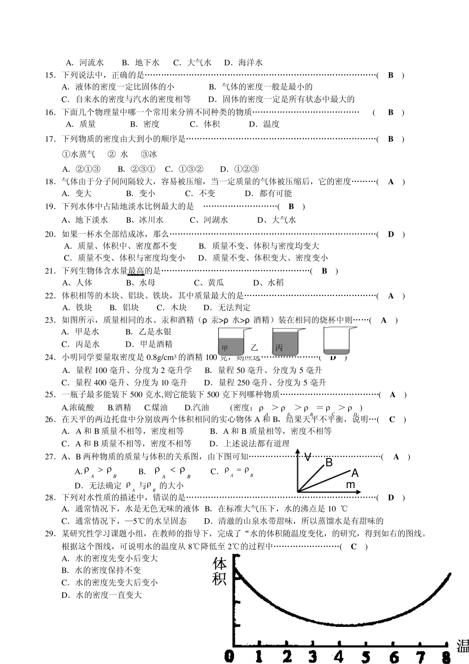 科学八年级上第一章水、密度基础检测题_第2页