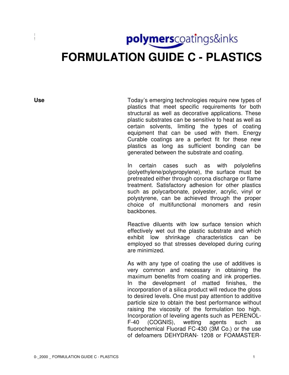 科宁化工UV塑胶涂料配方英文_第1页