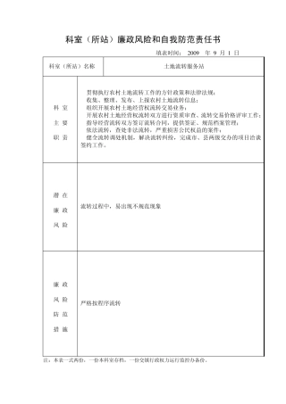 科室(所站)廉政风险和自我防范责任书