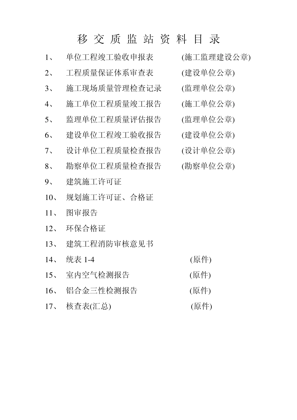 移交质检站资料目录(竣工后填)_第1页
