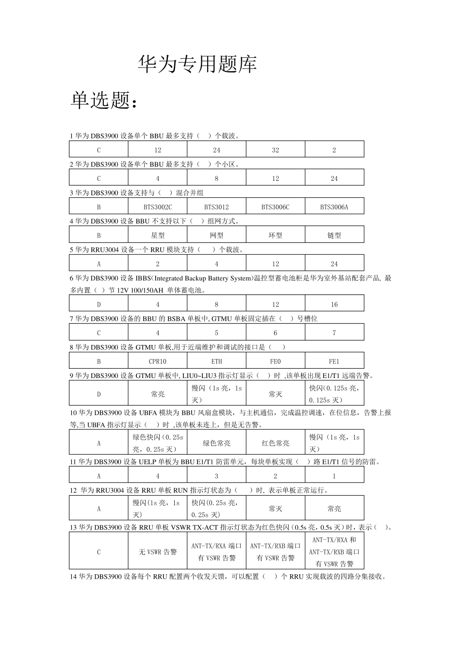 移动考试基站题库(华为专业知识)_第1页