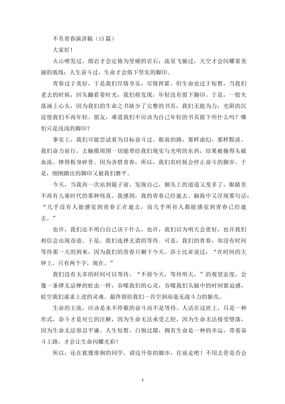 最新不负青春演讲稿(15篇)_第1页