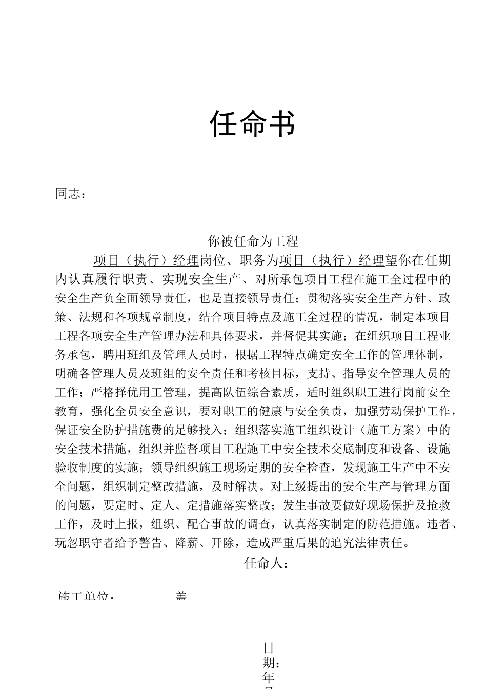 项目管理人员任命书 _第1页