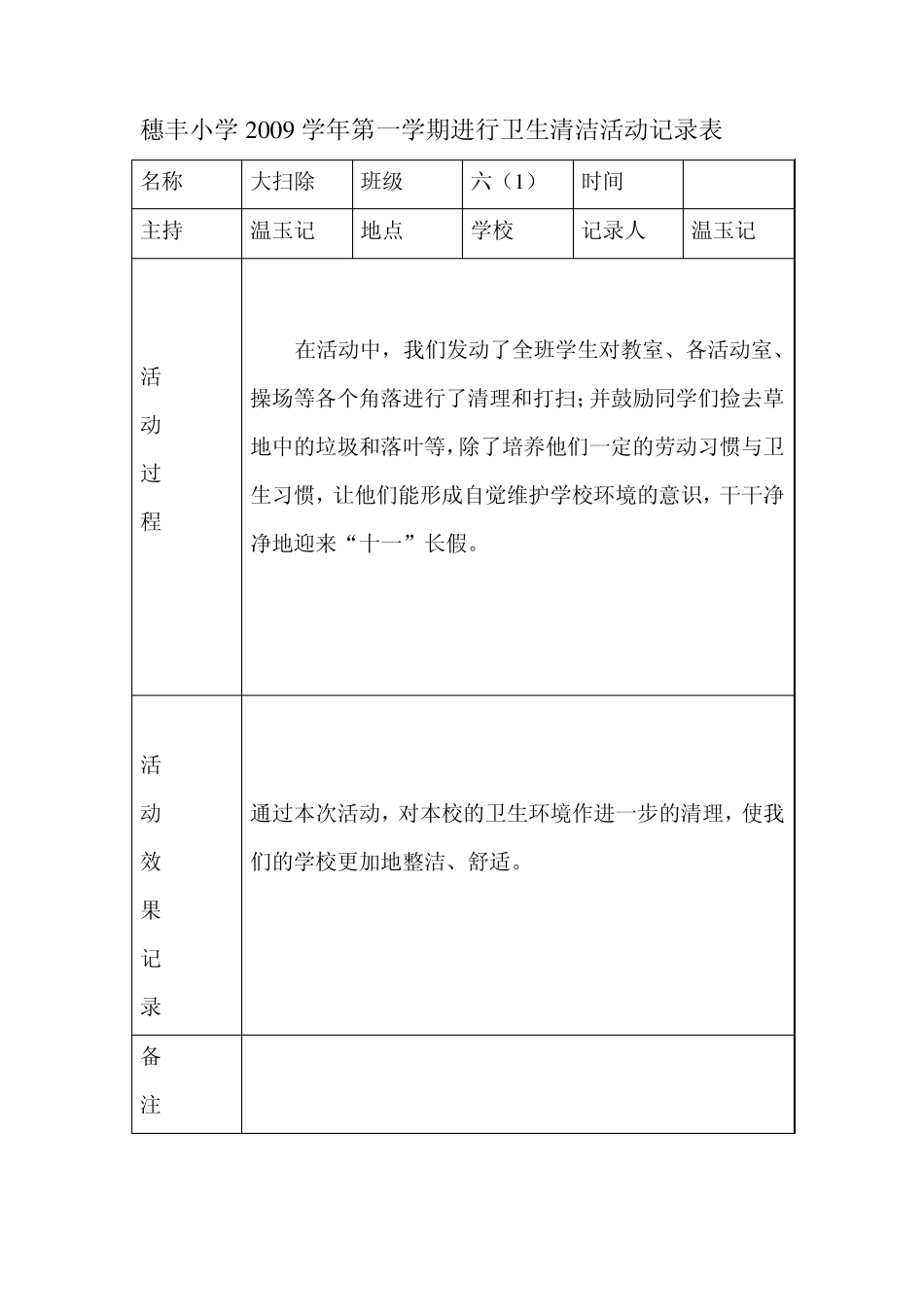 穗丰小学2009学年第一学期进行卫生清洁活动记录表_第1页