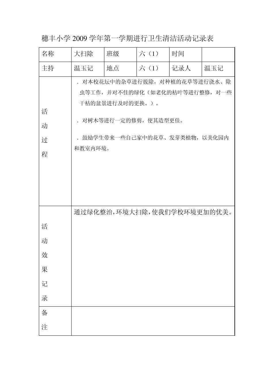 穗丰小学2009学年第一学期进行卫生清洁活动记录表_第2页