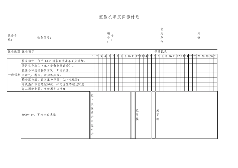 空压机年度计划保养表_第1页
