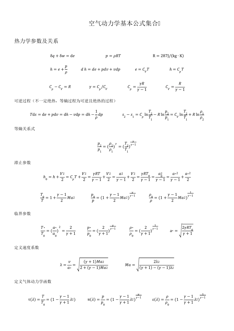 空气动力学基本公式集合_第1页
