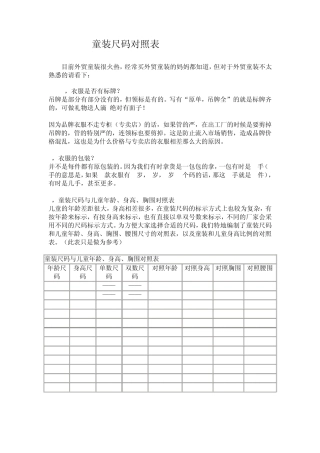 童装尺码对照表
