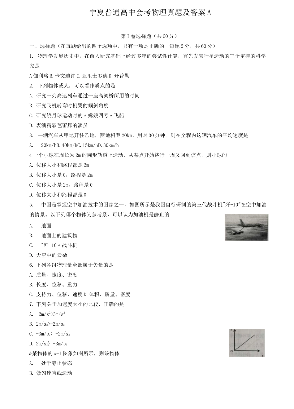 宁夏普通高中会考物理真题及答案A_第1页