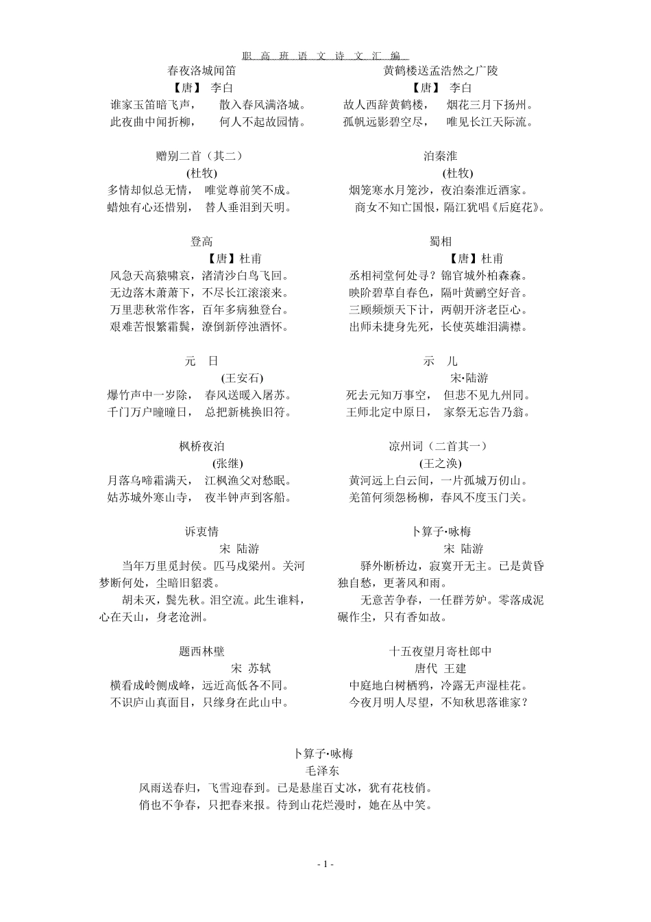 职对口高考必背古诗文_第1页