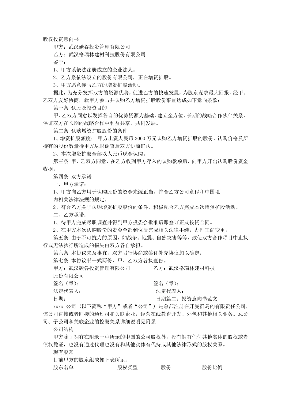 股权投资意向书_第1页