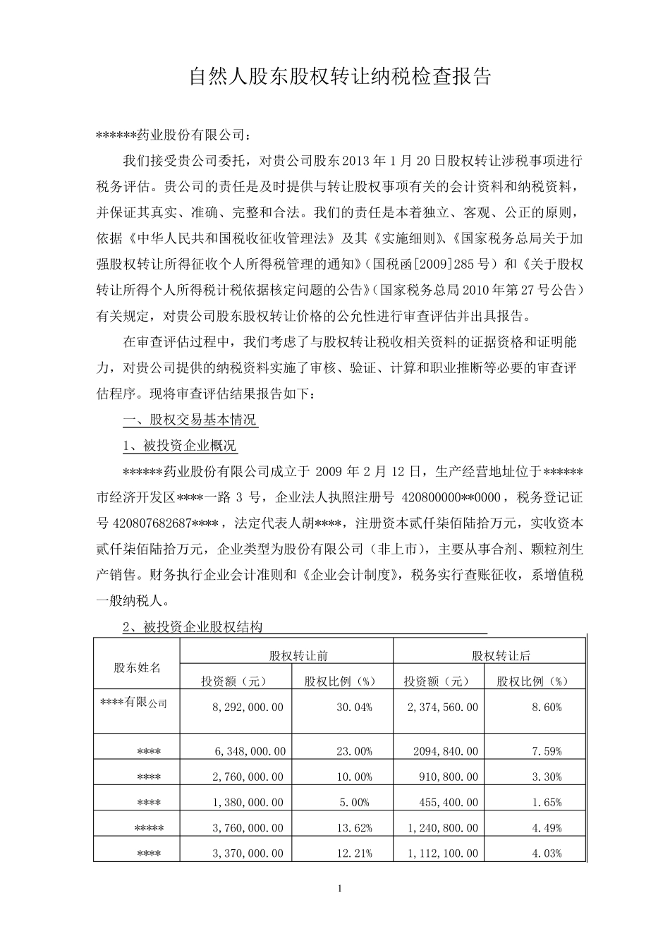 股权转让纳税检查报告(作者：税爷)_第1页