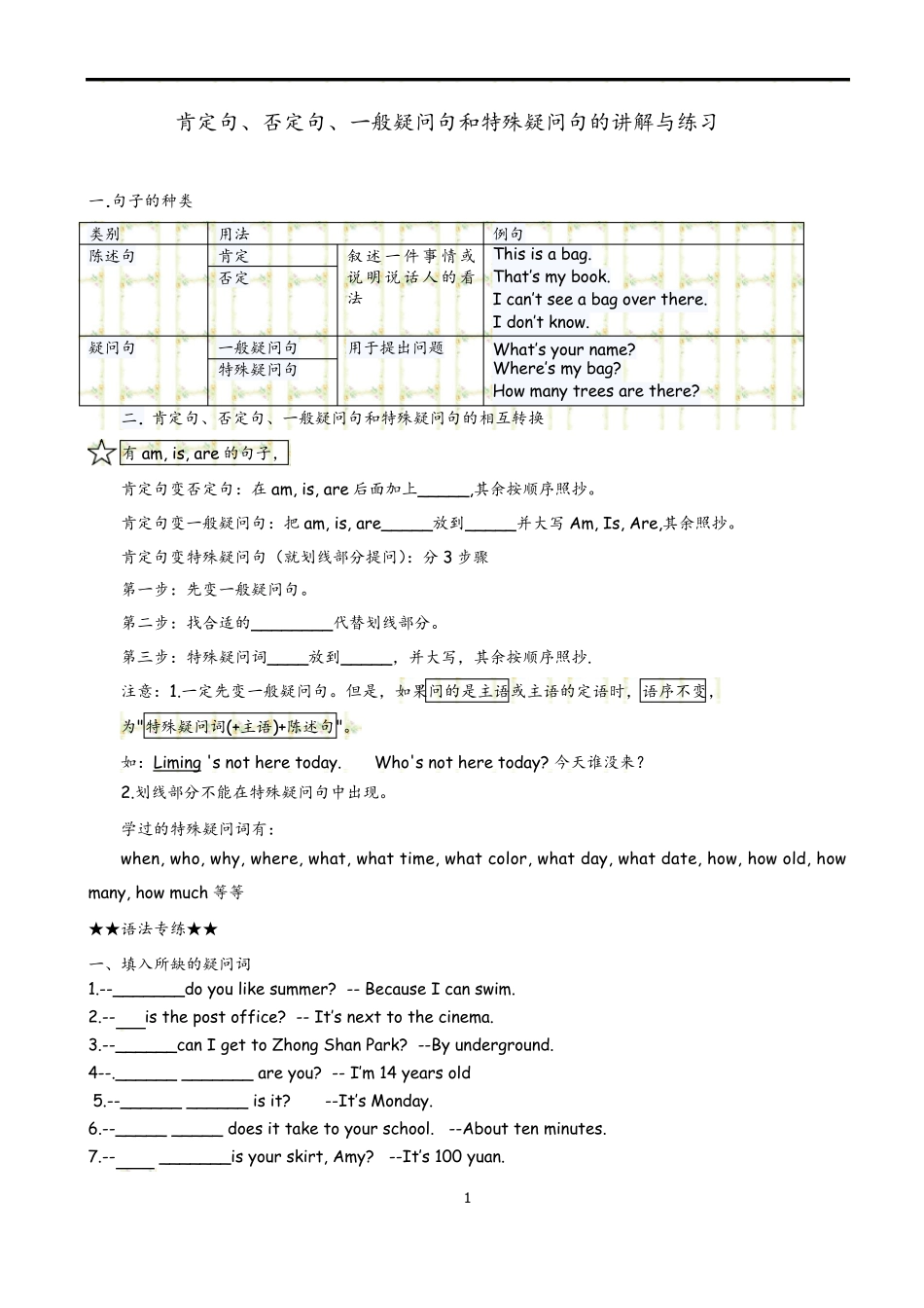 肯定句、否定句、一般疑问句和特殊疑问句的讲解与练习_第1页