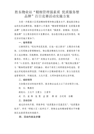 胜东物业站“精细管理强素质优质服务塑品牌”百日竞赛活动实施方案