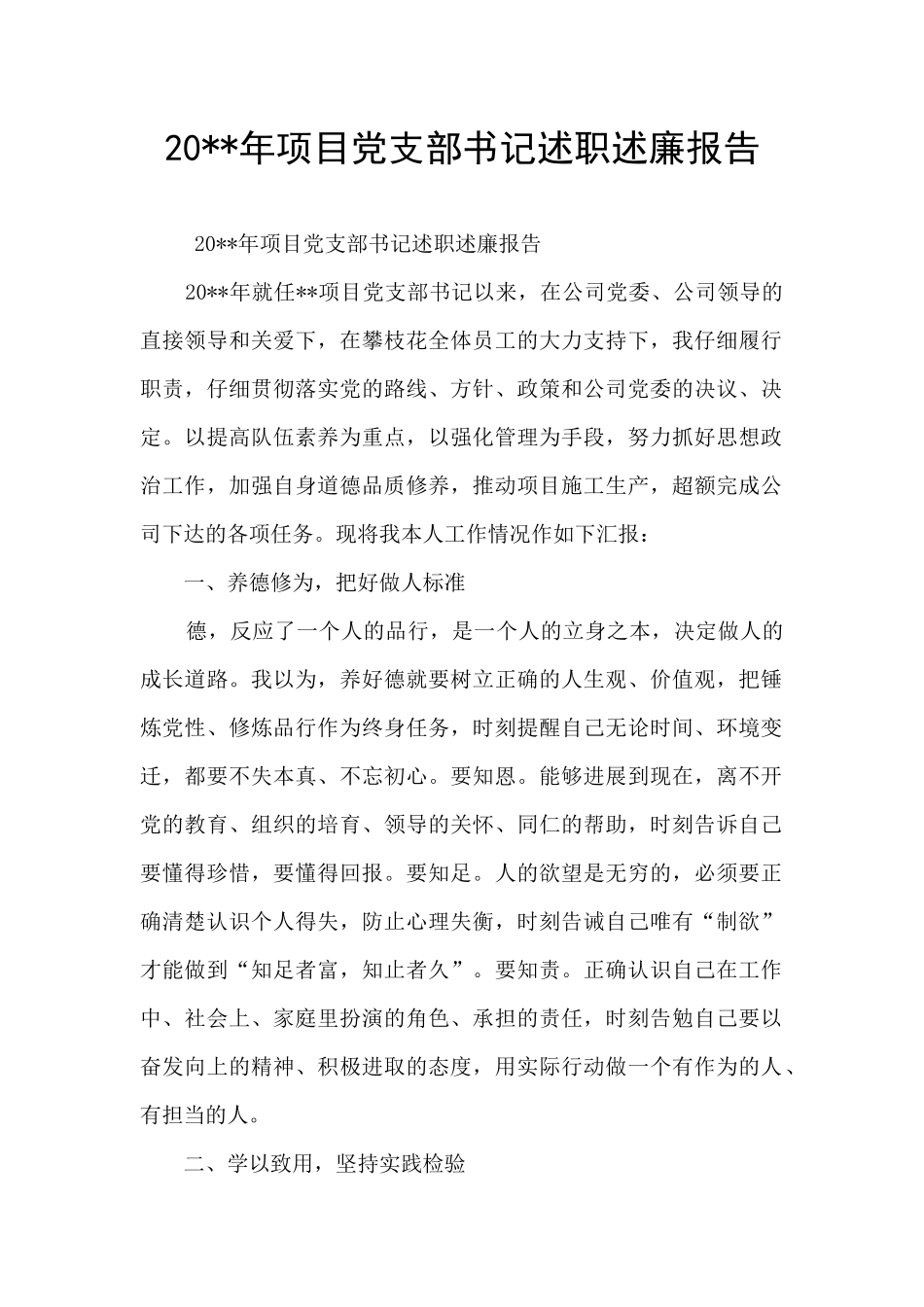 20--年项目党支部书记述职述廉报告_第1页