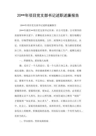 20--年项目党支部书记述职述廉报告