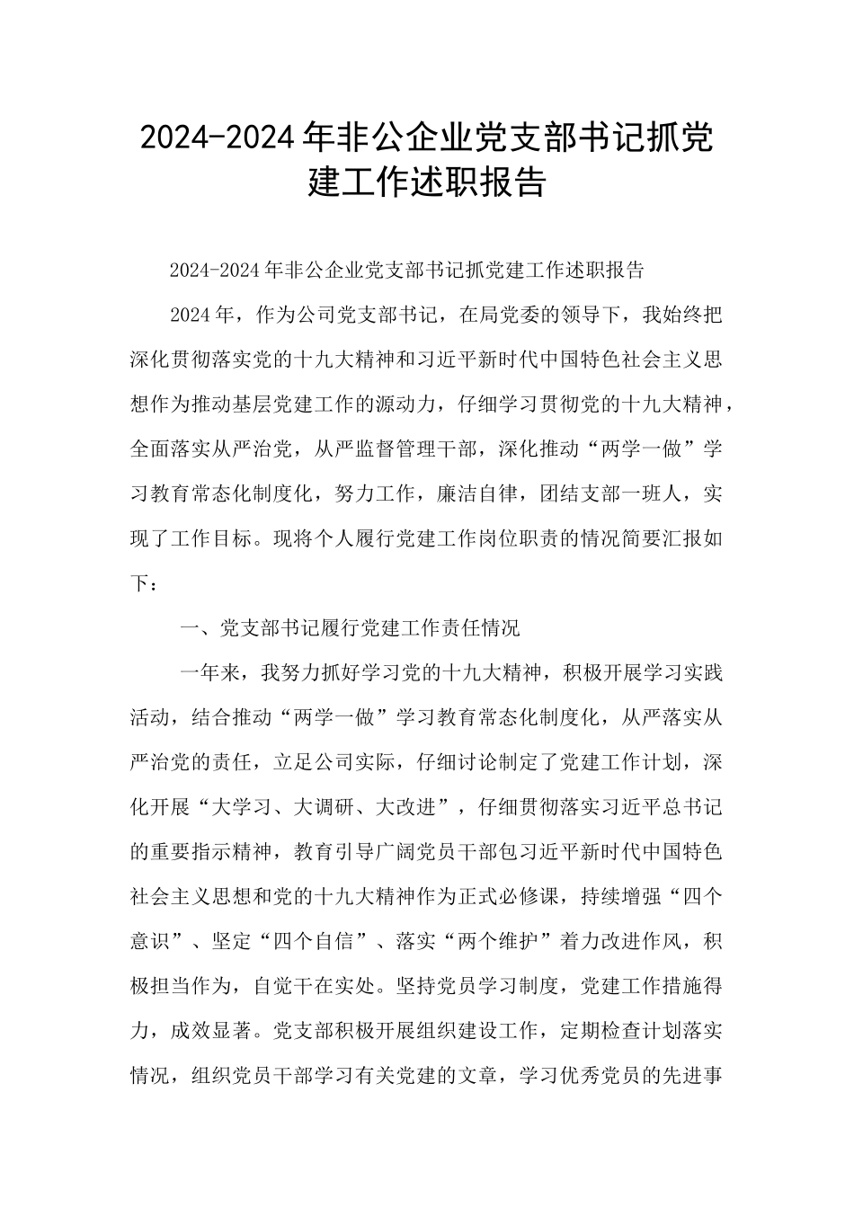 2024-2024年非公企业党支部书记抓党建工作述职报告_第1页