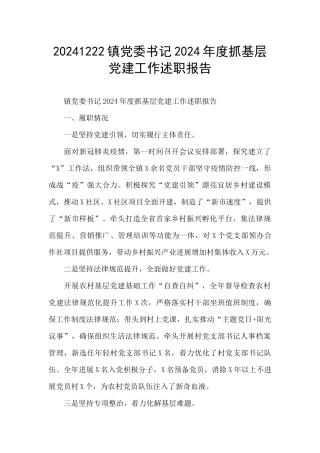 20241222镇党委书记2024年度抓基层党建工作述职报告