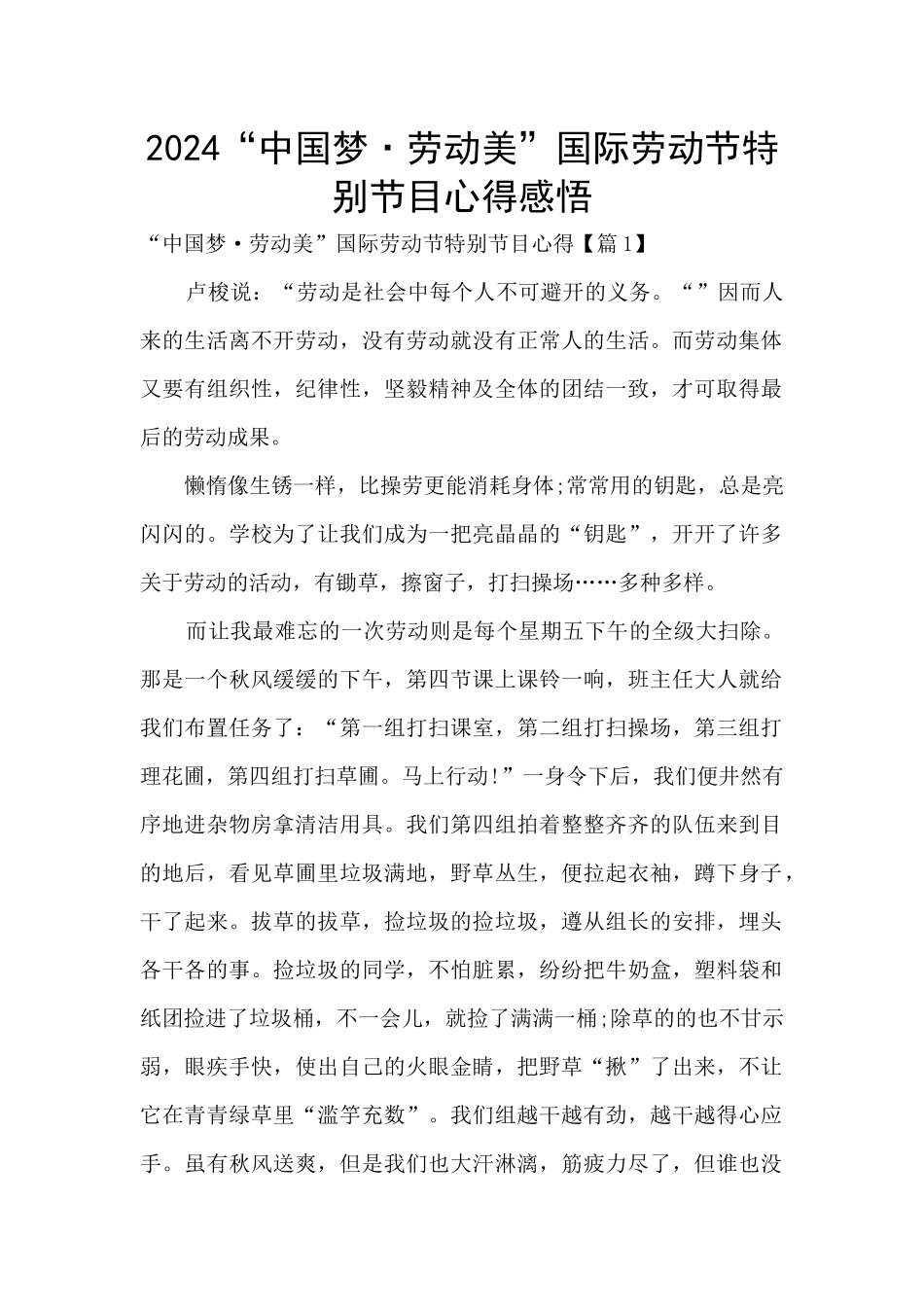 2024“中国梦·劳动美”国际劳动节特别节目心得感悟_第1页