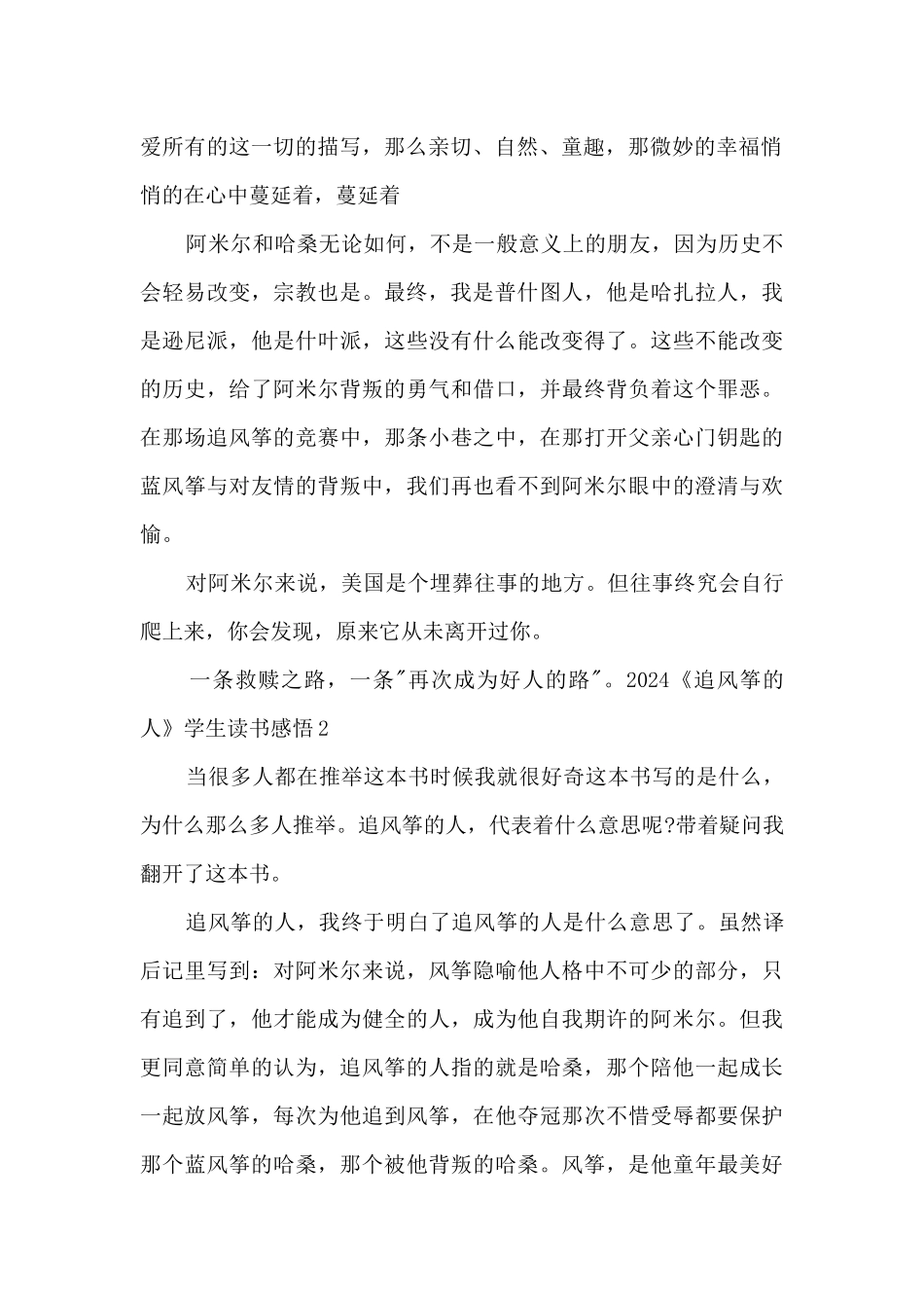 2024《追风筝的人》学生读书感悟3篇范文_第2页