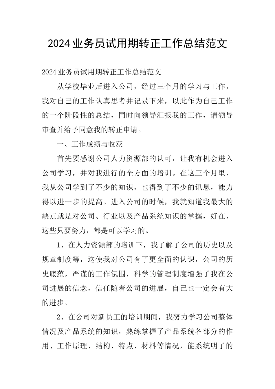 2024业务员试用期转正工作总结范文_第1页