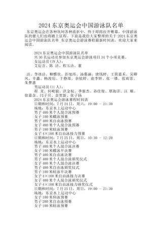 2024东京奥运会中国游泳队名单