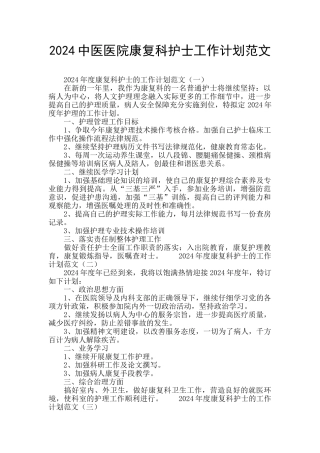 2024中医医院康复科护士工作计划范文