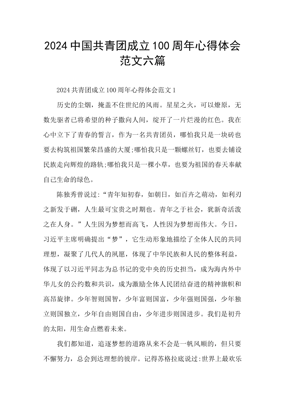 2024中国共青团成立100周年心得体会范文六篇_第1页