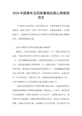 2024中国青年五四奖章观后感心得感悟范文