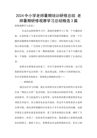 2024中小学教师暑期培训研修总结