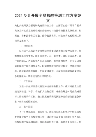 2024乡县开展全员核酸检测工作方案范文