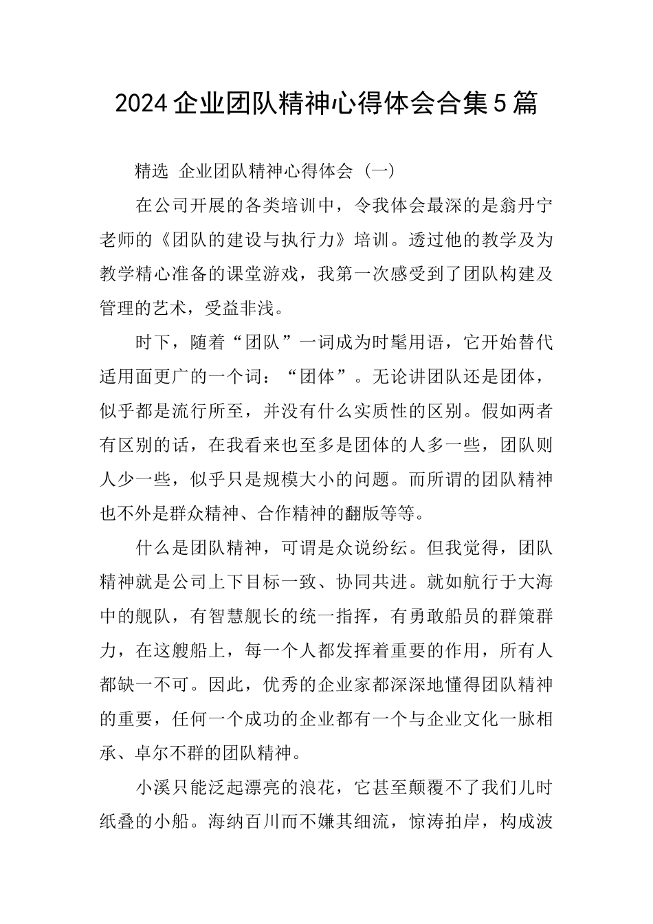 2024企业团队精神心得体会合集5篇_第1页