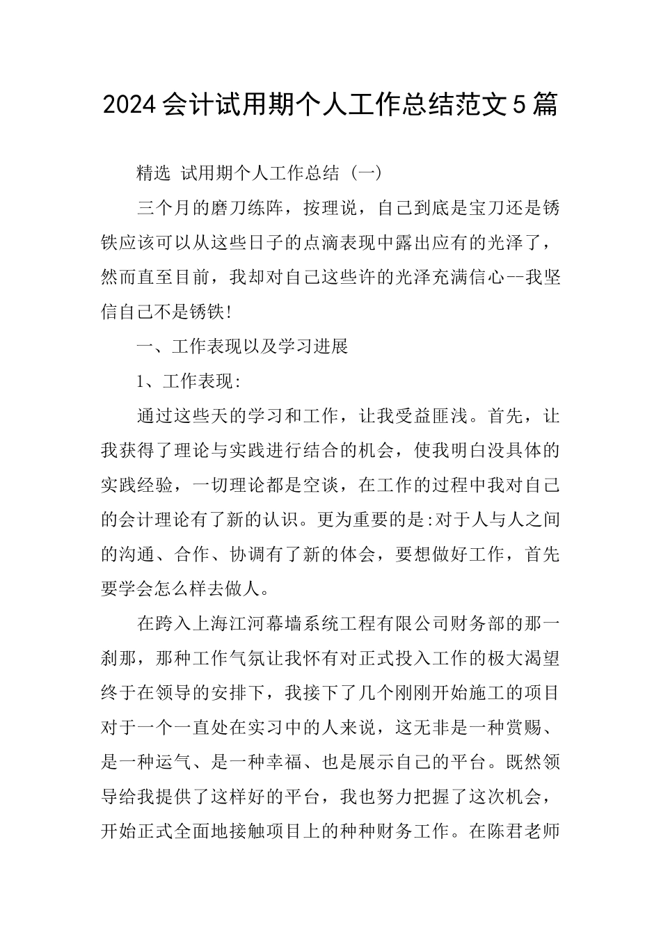 2024会计试用期个人工作总结范文5篇_第1页