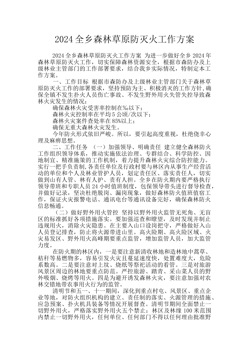 2024全乡森林草原防灭火工作方案_第1页