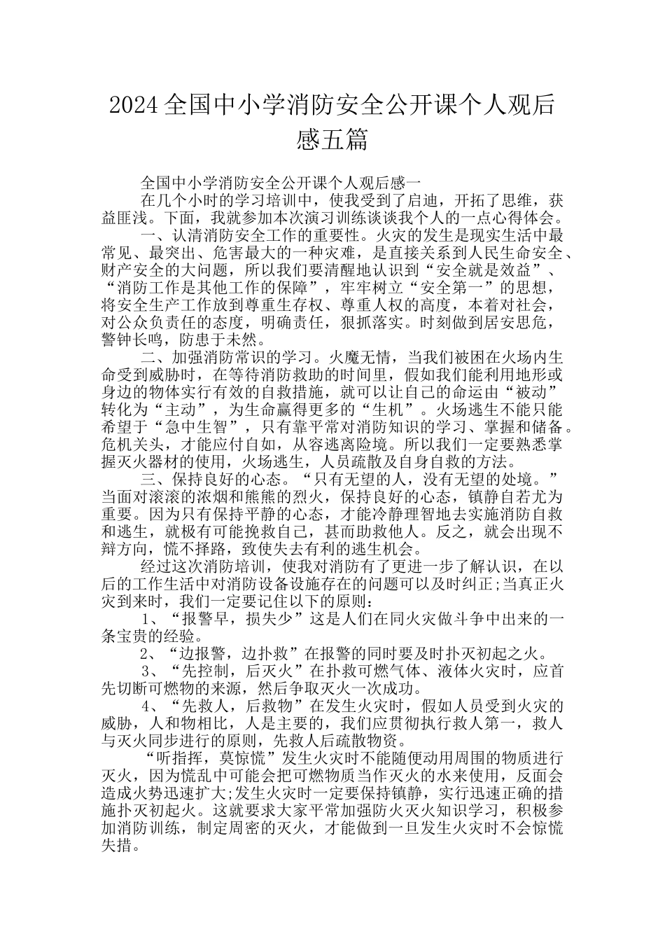 2024全国中小学消防安全公开课个人观后感五篇_第1页