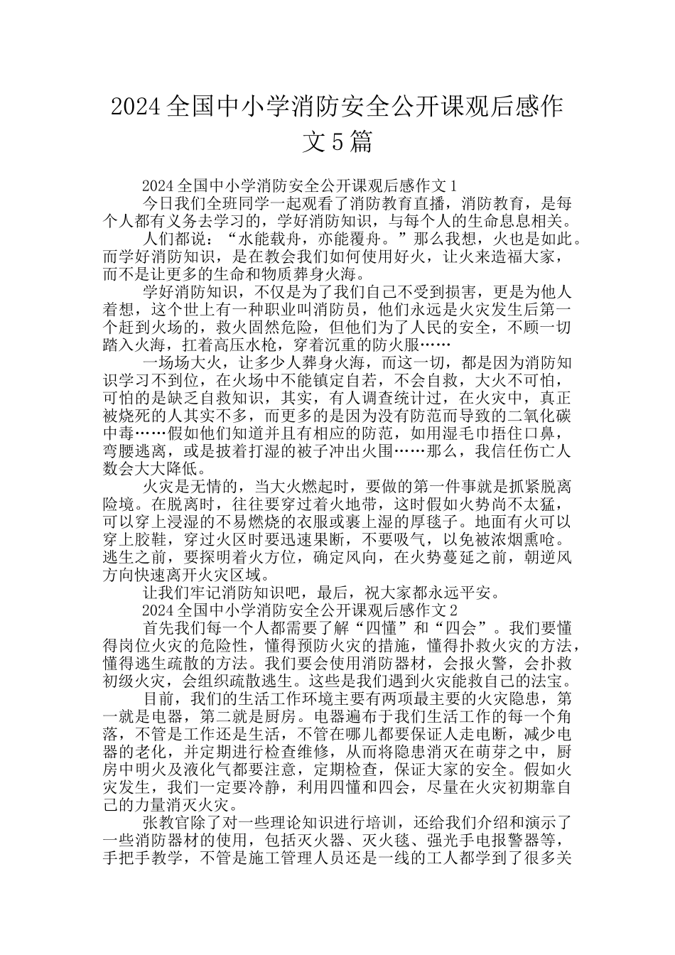 2024全国中小学消防安全公开课观后感作文5篇_第1页