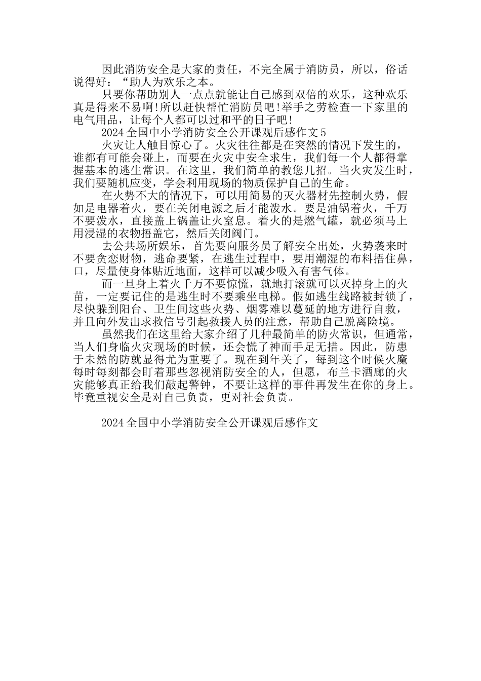 2024全国中小学消防安全公开课观后感作文5篇_第3页