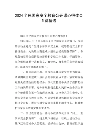 2024全民国家安全教育公开课心得体会5篇精选