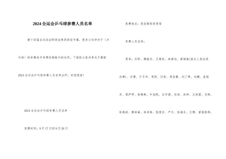 2024全运会乒乓球参赛人员名单_第1页