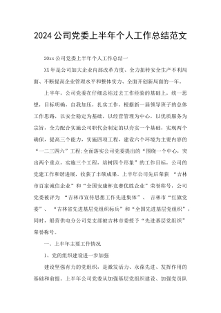 2024公司党委上半年个人工作总结范文