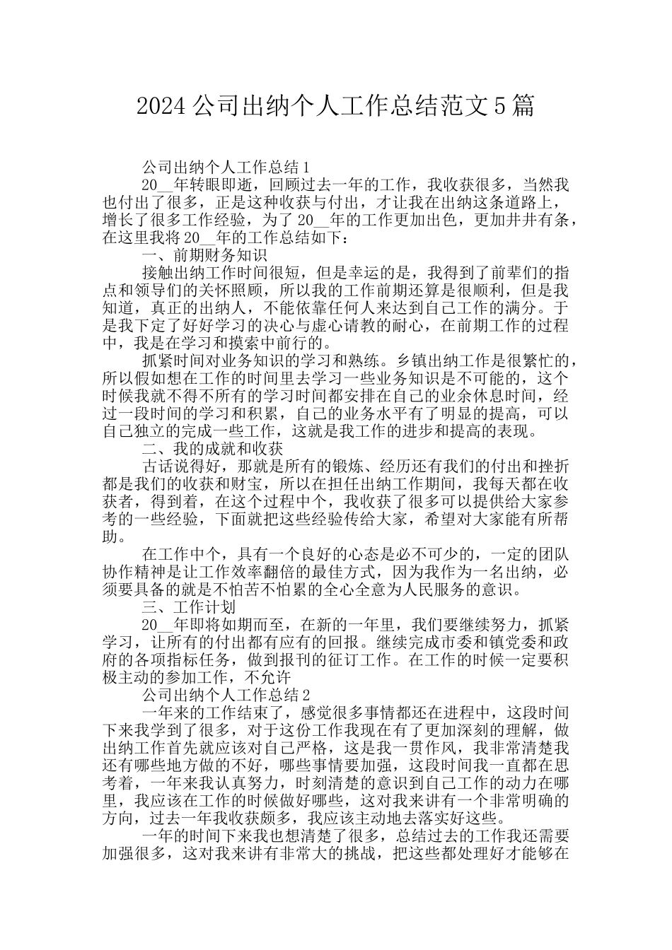 2024公司出纳个人工作总结范文5篇_第1页