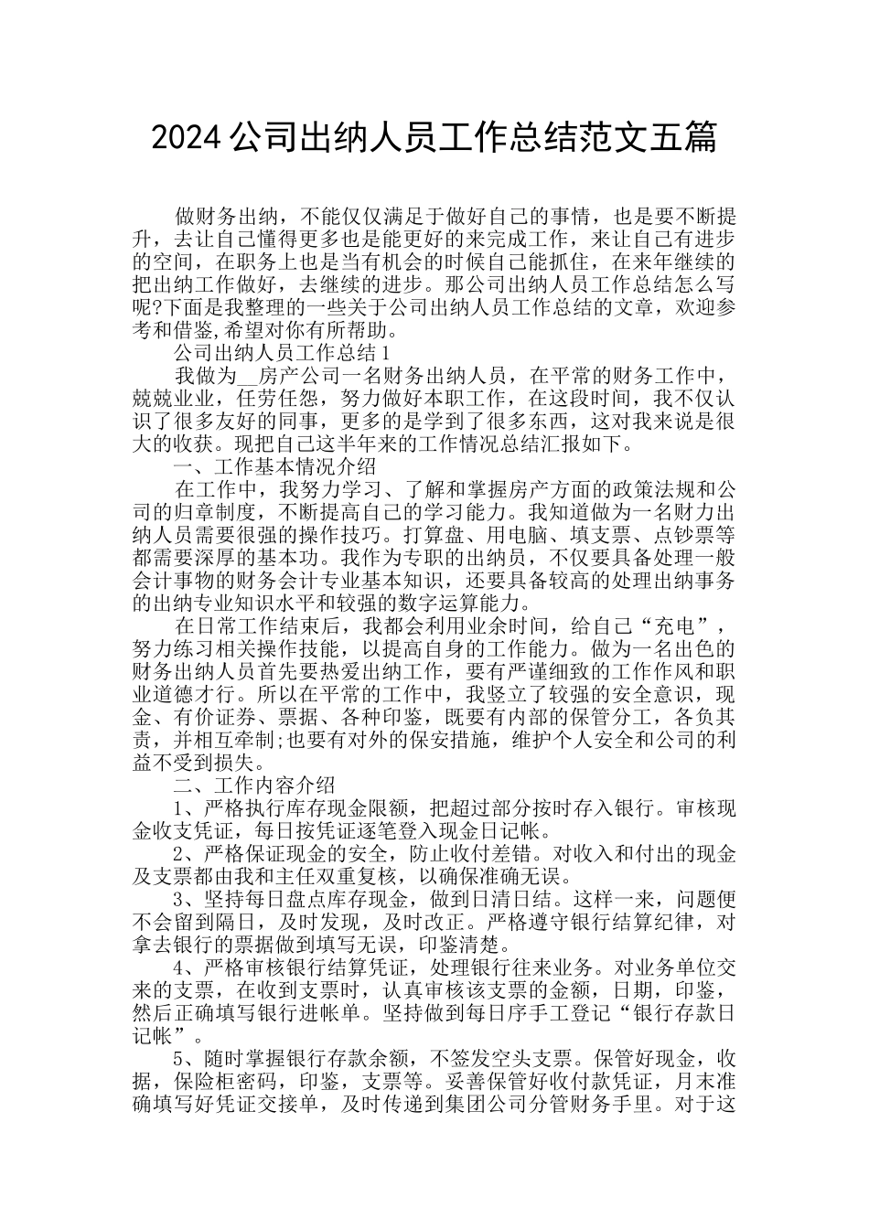 2024公司出纳人员工作总结范文五篇_第1页
