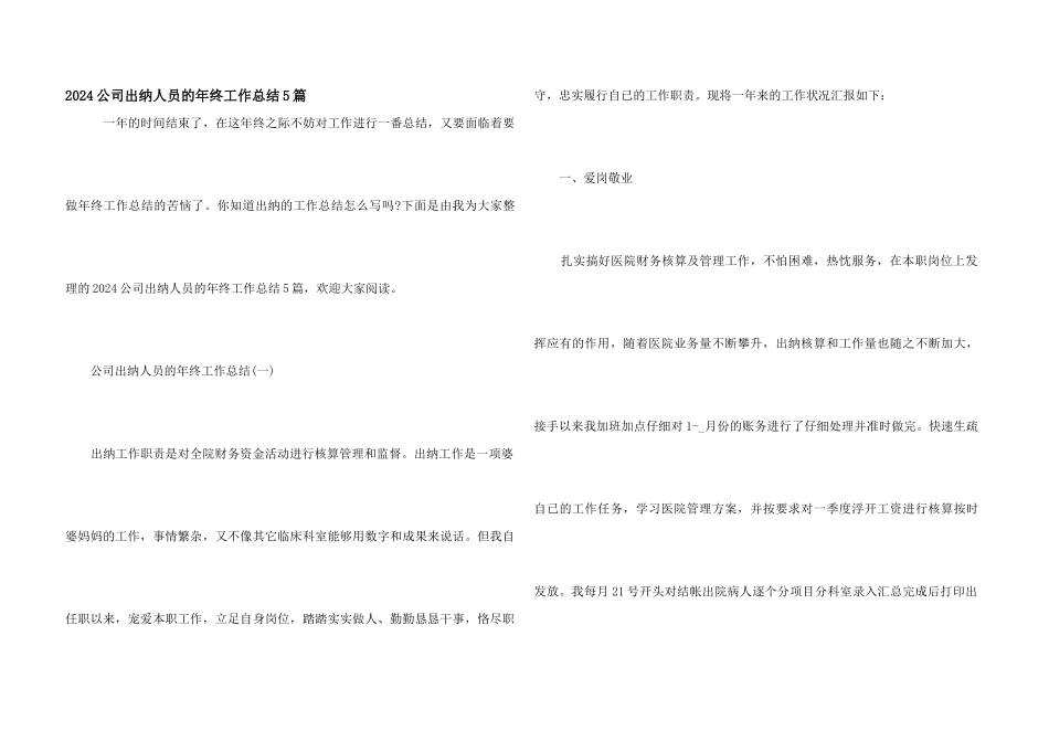 2024公司出纳人员的年终工作总结5篇_第1页