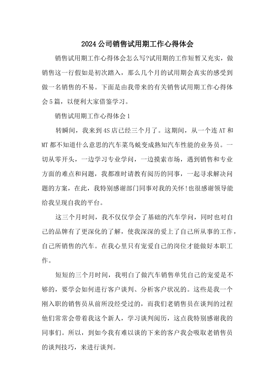 2024公司销售试用期工作心得体会_第1页